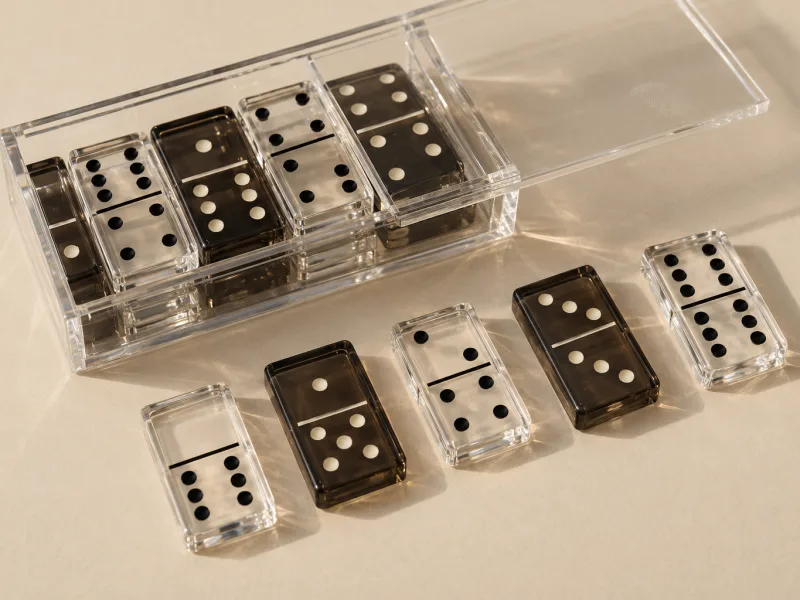 Acrylic double-six dominoes with engraved color-filled pips and a clear box with a sliding lid