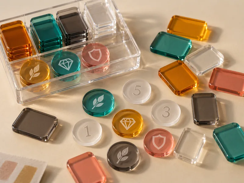 Translucent colored acrylic game tokens and counters with printed icons and engraved numbers