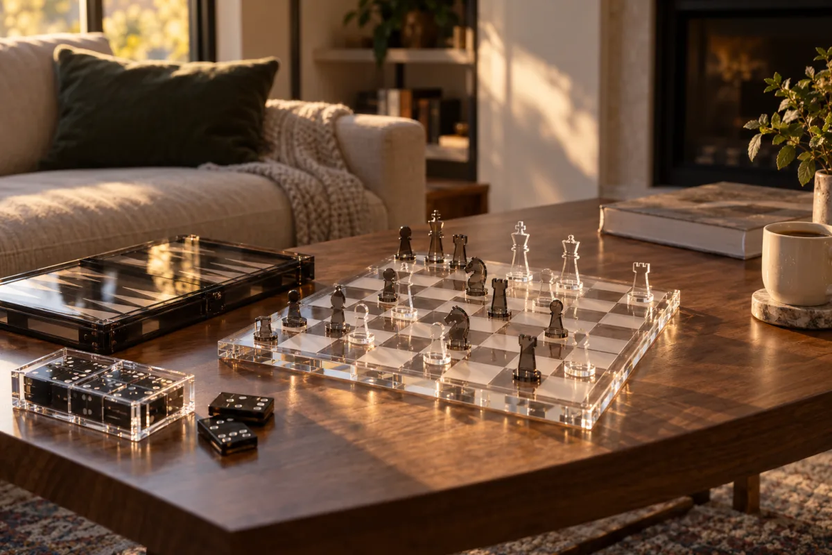 Custom acrylic chess set, backgammon case and dominoes box on a walnut coffee table