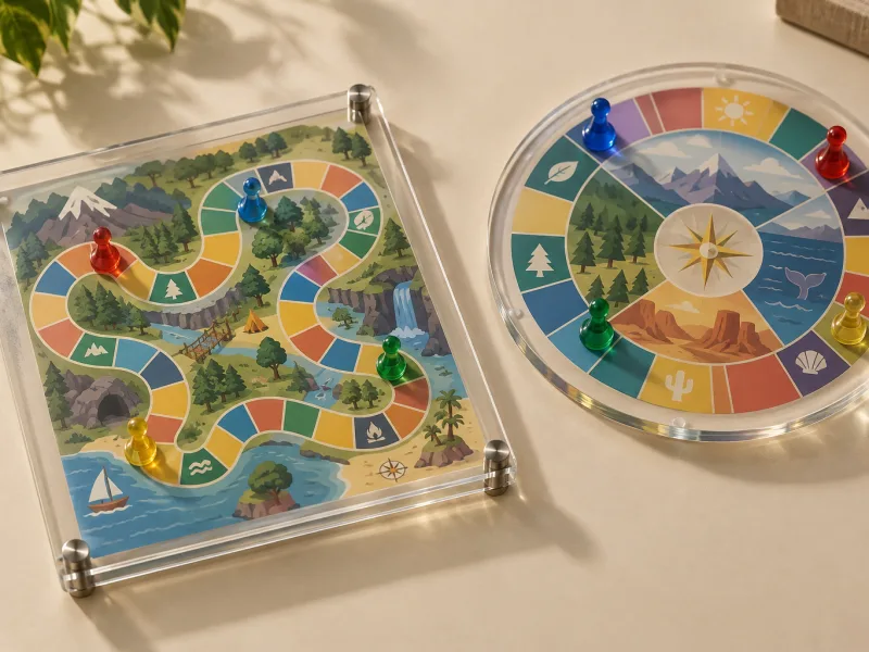 Custom printed acrylic game board with a printed insert between two clear panels on corner pins, beside a round UV-printed board