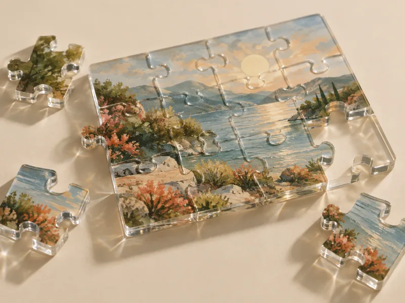 Printed clear acrylic jigsaw puzzle partly assembled with loose glossy pieces