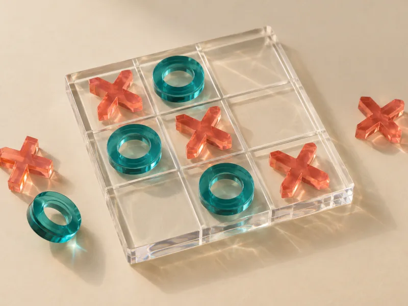 Clear acrylic tic-tac-toe board with engraved grid and coral and teal X and O pieces