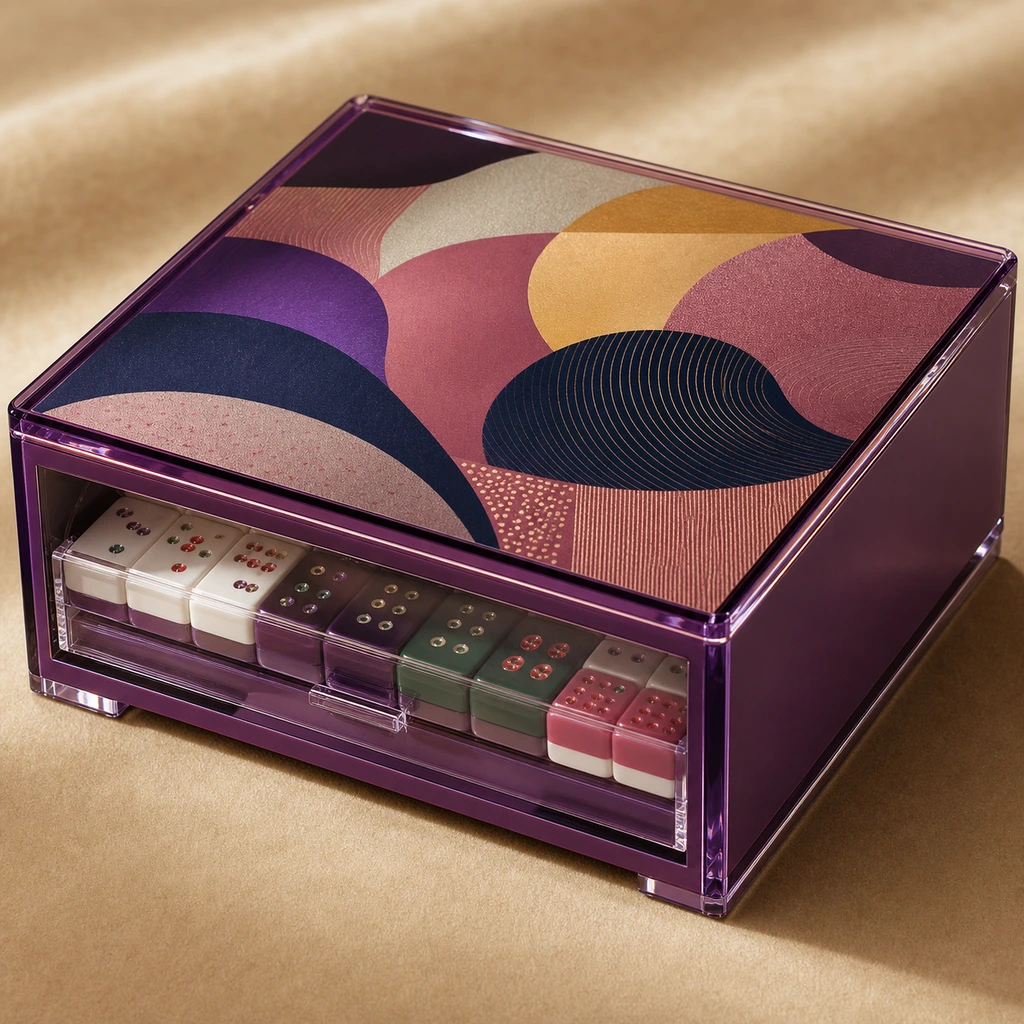 Branded-edition mahjong display case with full-color UV-printed brand artwork on lid panel and Pantone-matched custom case body color