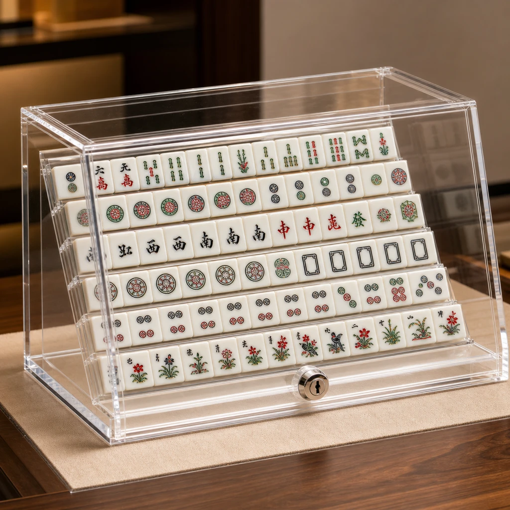 Lockable acrylic mahjong retail display case with flush barrel lock and internal angled tier holding 152-tile NMJL set