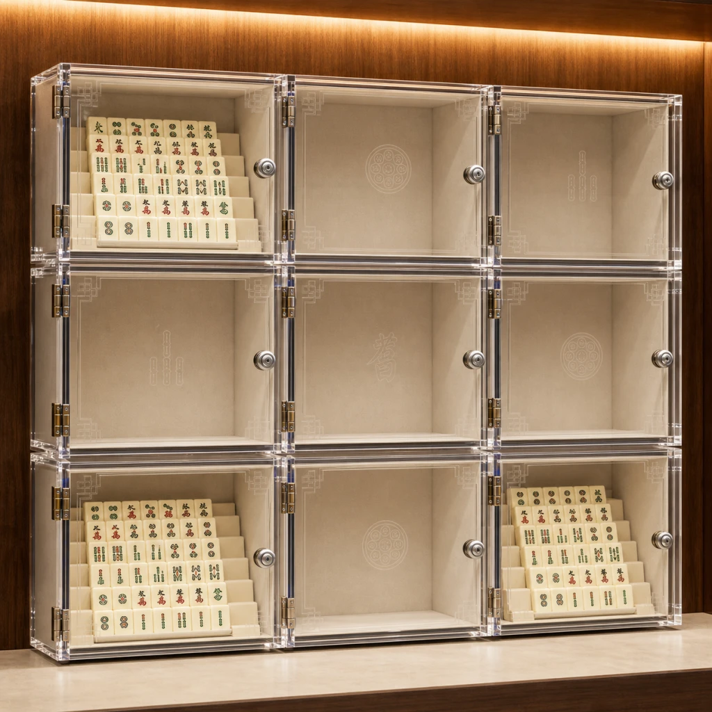 Multi-cell mahjong member-locker grid display wall in 6mm cast PMMA with brand-color UV etch on each cell front and individual magnetic latches