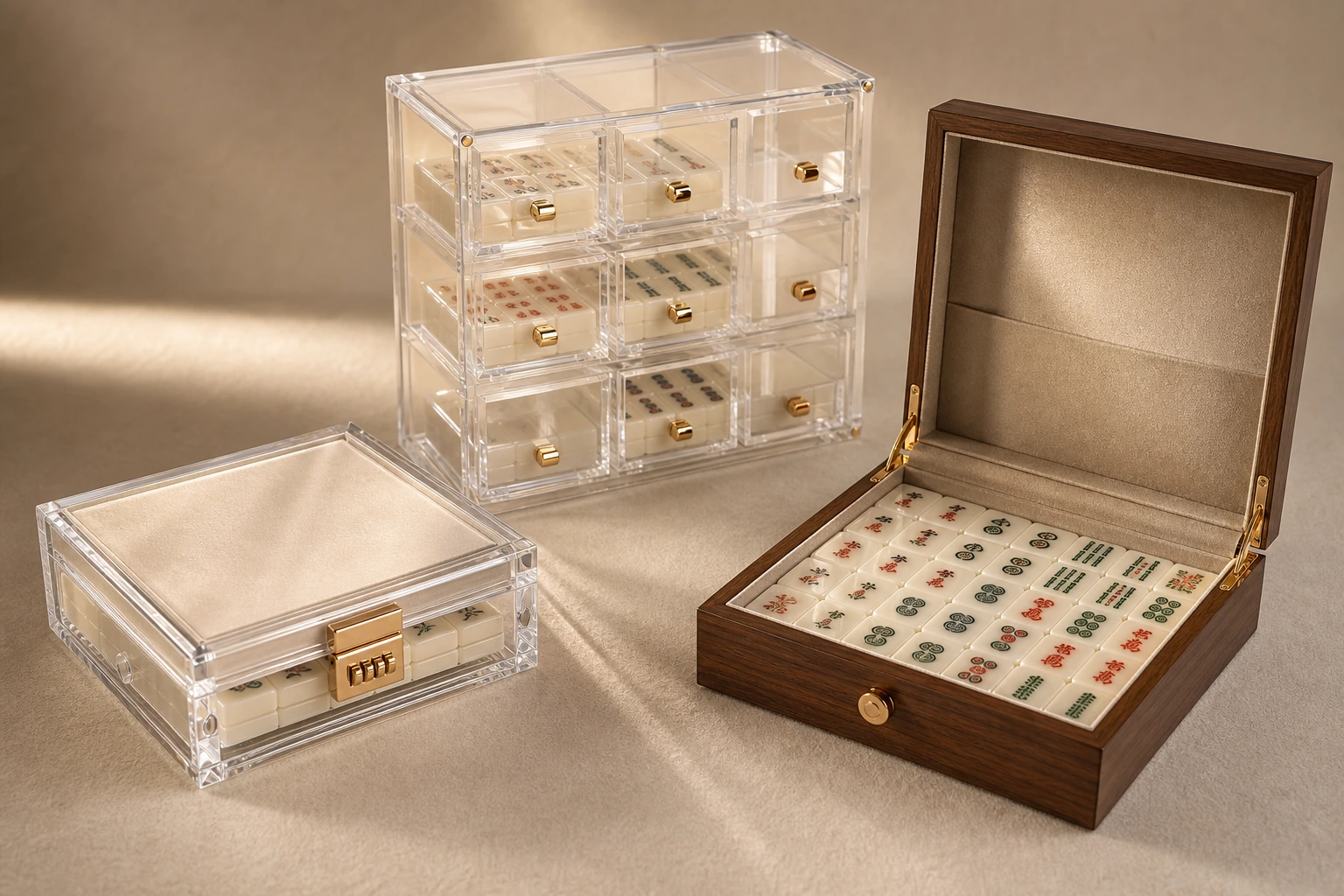 Studio lineup of custom acrylic mahjong display cases — a single-set travel case with combination latch, a member-locker grid wall section, a boxed-gift wood-laminated case, and a lockable retail display case, all on a felted lounge surface