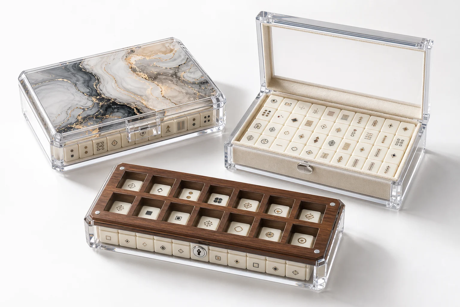 Custom acrylic mahjong display cases with UV-printed brand artwork on lid, velvet-lined interior, and wood-laminated top panel options