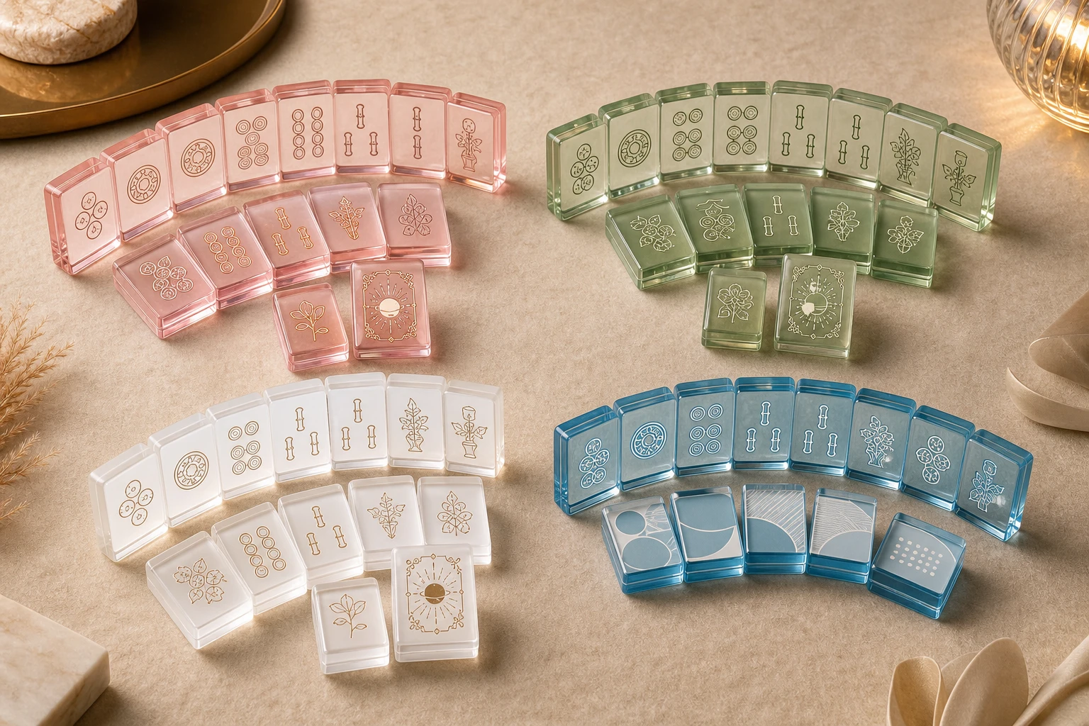 Four custom acrylic mahjong tile sets in different Pantone colorways — blush pink, sage green, ivory, ocean blue — showing UV-printed Joker artwork and brand logo customization