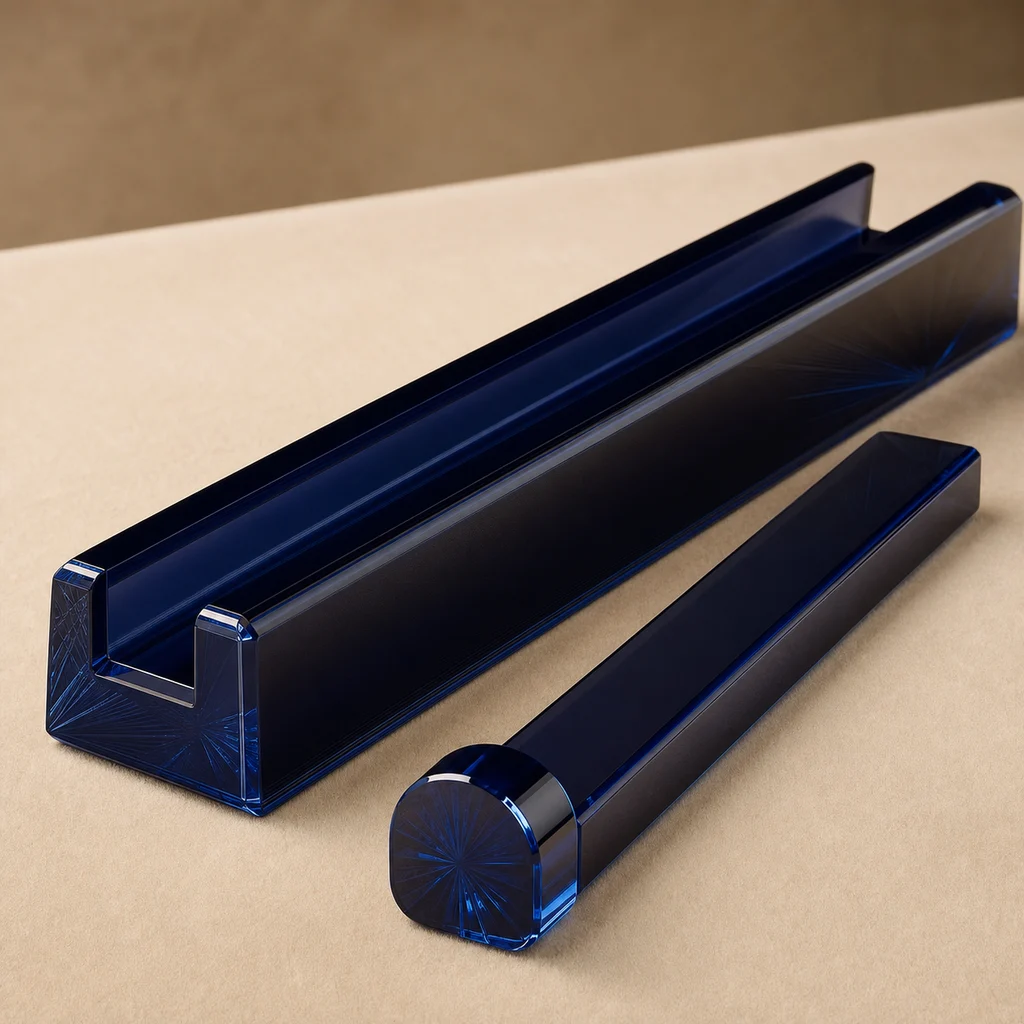 Brand-edition mahjong rack-and-pusher in custom Pantone navy with UV-printed brand logo on rack body and laser-engraved monogram