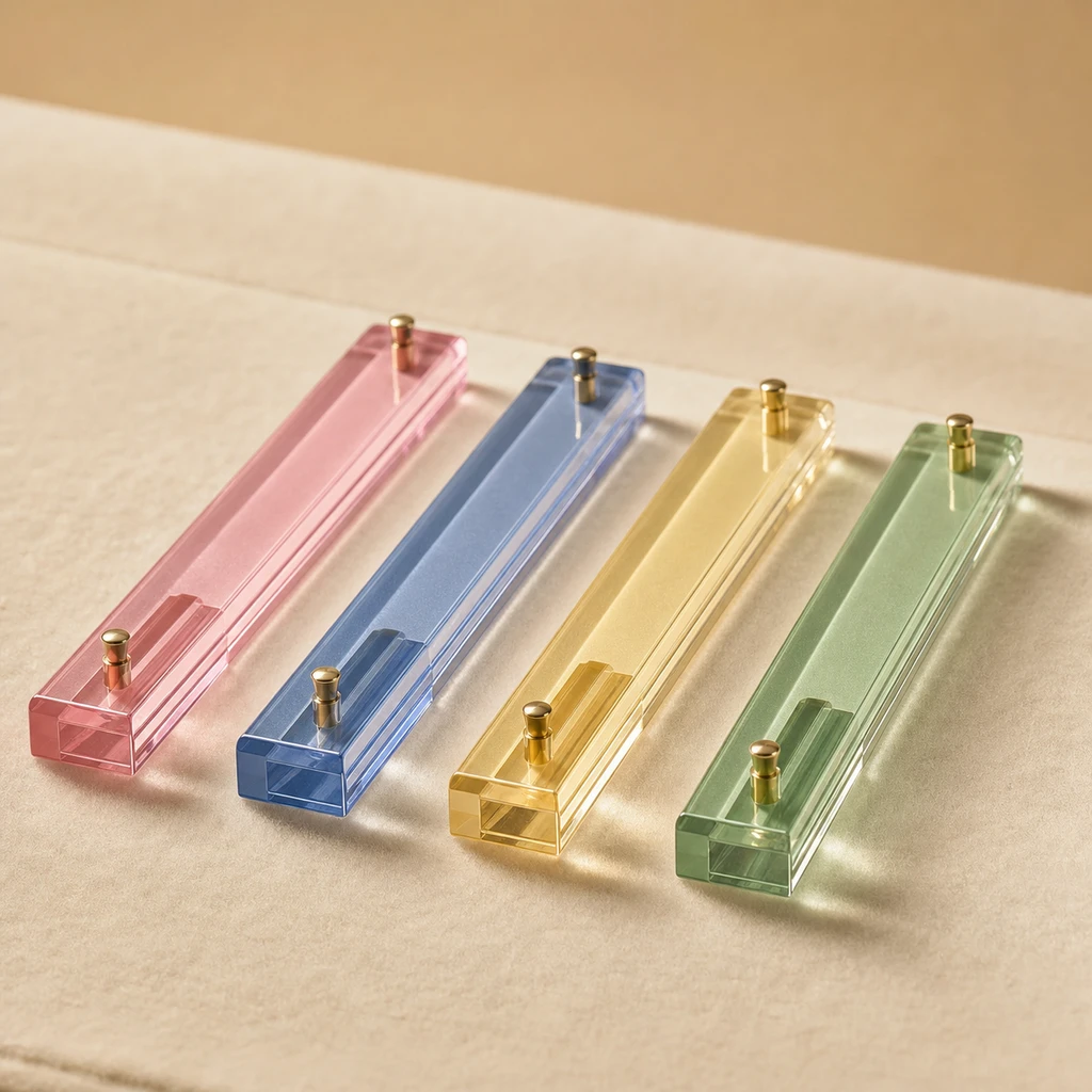 Four-piece pastel acrylic mahjong rack-and-pusher set in pink, blue, yellow, and green Pantone-matched cast PMMA arranged on felted lounge surface