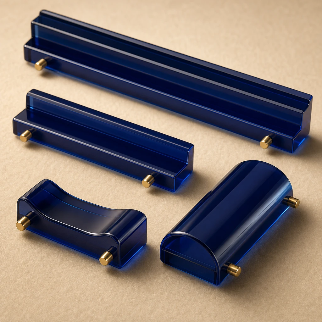 Four single-color matched mahjong rack-and-pusher pieces in deep navy cast PMMA for member-club replacement program