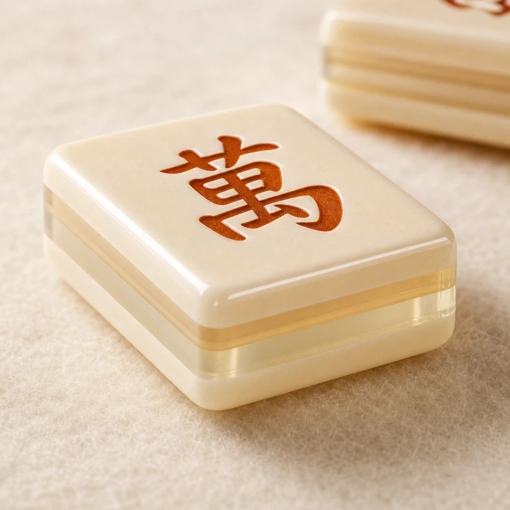 4-layer laminated mahjong tile cross-section showing top + translucent middle + bottom layers with engraved character