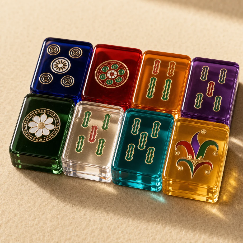 Brand-edition OEM mahjong tile set with custom brand colorway and logo engraving on tile backs