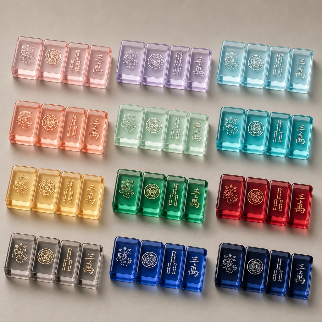 Twelve mahjong colorway samples arrayed side by side — pastels through saturated brand colors, each in cast acrylic