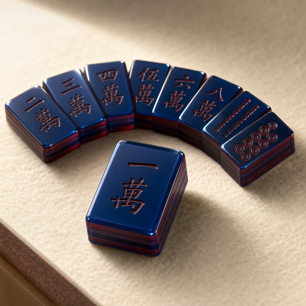 Single-color premium tile set in deep translucent navy four-layer laminated cast PMMA, characters engraved through laminate