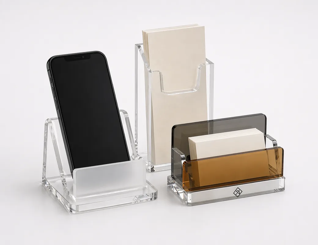Reception desk acrylic accessories set with phone dock, card holder, and mini brochure slot