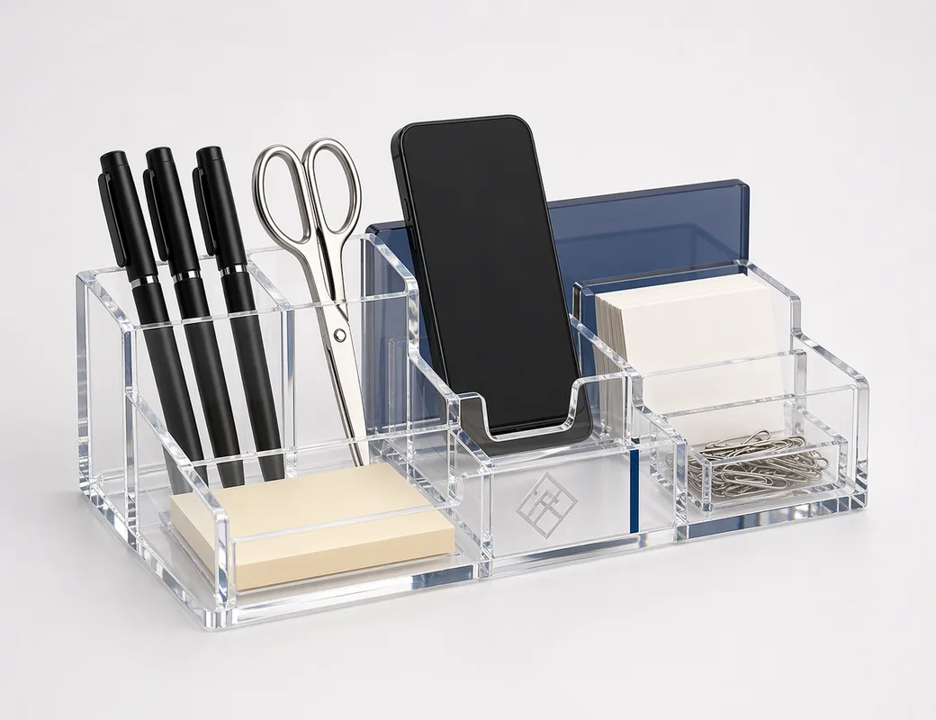 Custom acrylic desk caddy with stepped compartments, pens, phone dock, and paper clip section