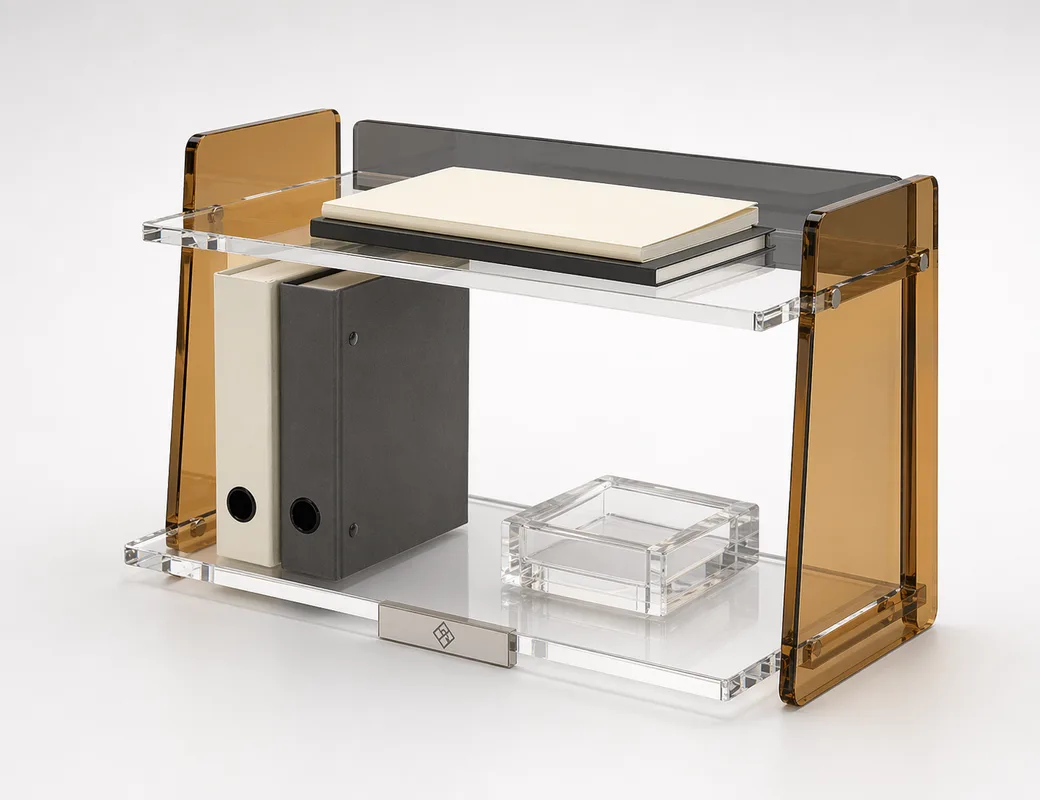 Tiered acrylic desktop shelf organizer with amber side supports and office binders