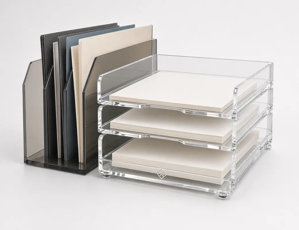 Clear acrylic letter trays with a vertical file organizer for office document sorting