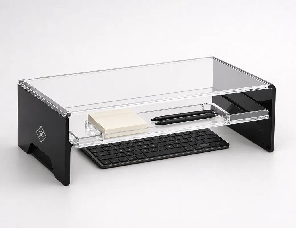 Custom acrylic monitor riser with black supports, keyboard space, and a front note tray