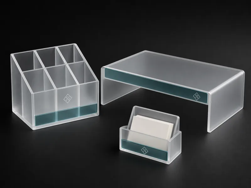 Frosted acrylic co-working desk set with teal accents on a dark backdrop