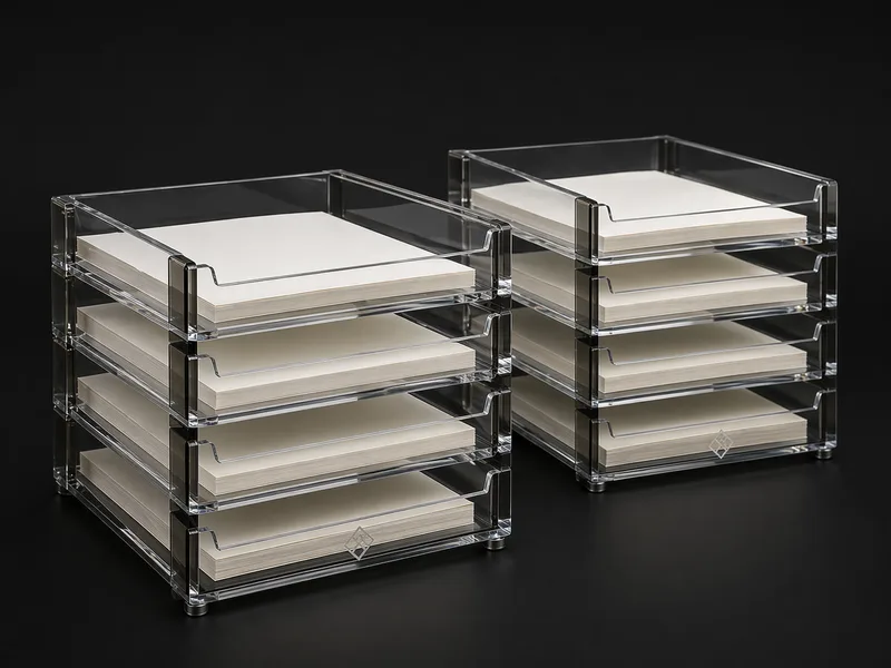 Twin acrylic letter tray towers with document stacks for a law office filing system