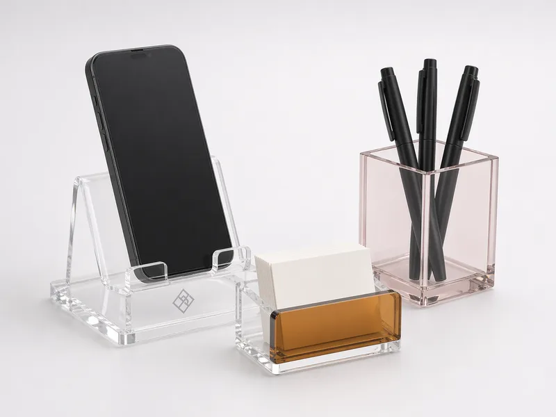 Acrylic phone dock, business card holder, and pen cup set for reception desks