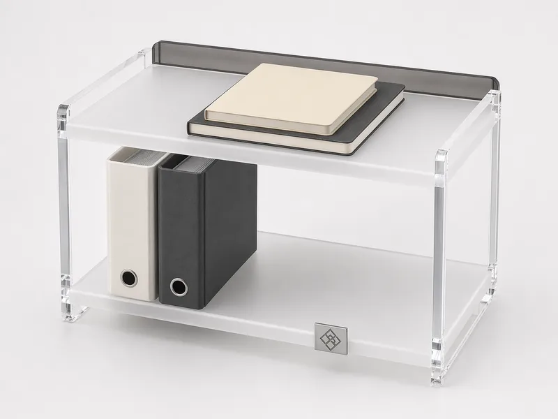 Desktop acrylic shelf organizer with binders below and notebook storage above