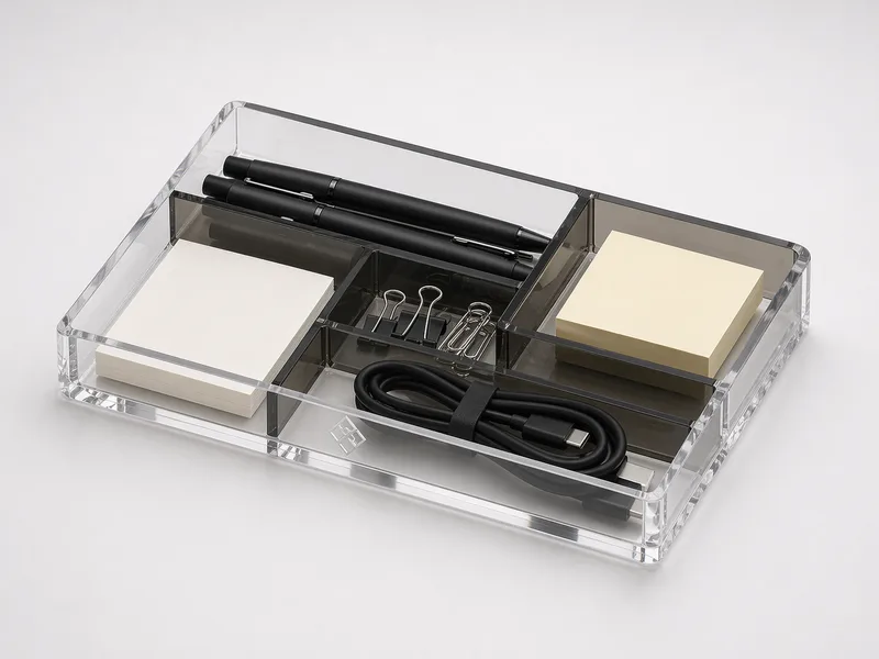 Low-profile acrylic drawer organizer insert for pens, cards, notes, and cables