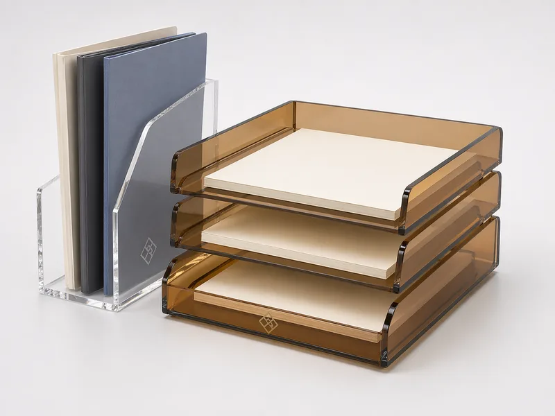 Amber acrylic letter trays with clear vertical file organizer and muted office folders