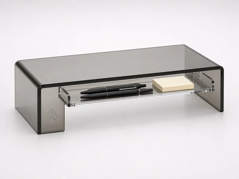 Smoke-gray acrylic monitor riser organizer with a front storage trough