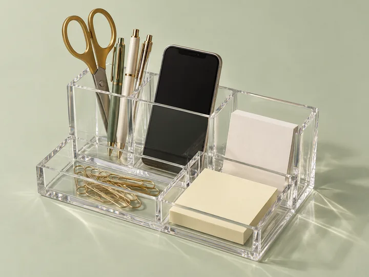 Clear acrylic multi-compartment desk caddy holding pens, scissors, a phone, business cards, paper clips and sticky notes