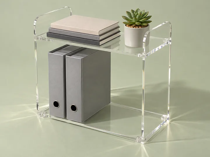 Two-tier clear acrylic desk shelf with binders below and notebooks and a plant on top