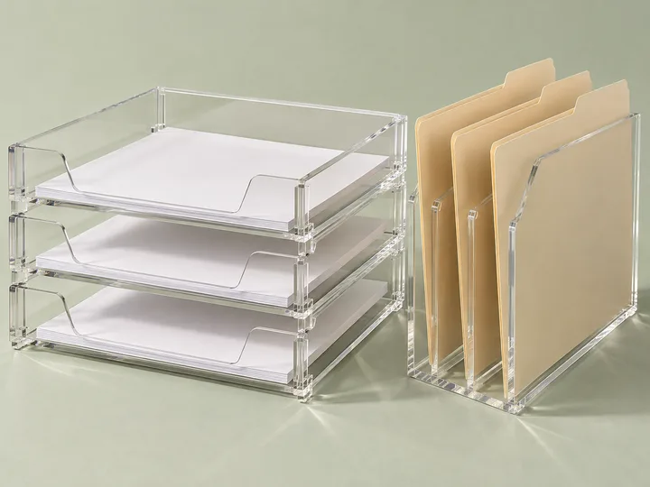 Three stacked clear acrylic A4 letter trays beside a clear acrylic vertical file holder with folders