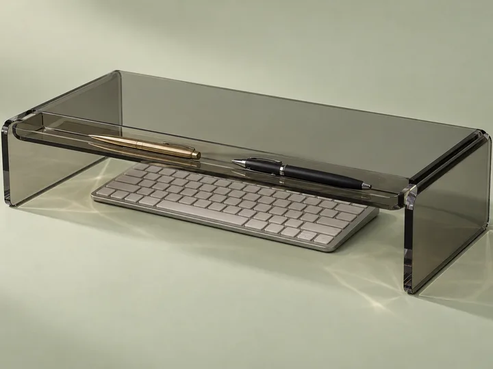 Smoke-gray tinted acrylic monitor riser with a keyboard stored underneath and pens on top