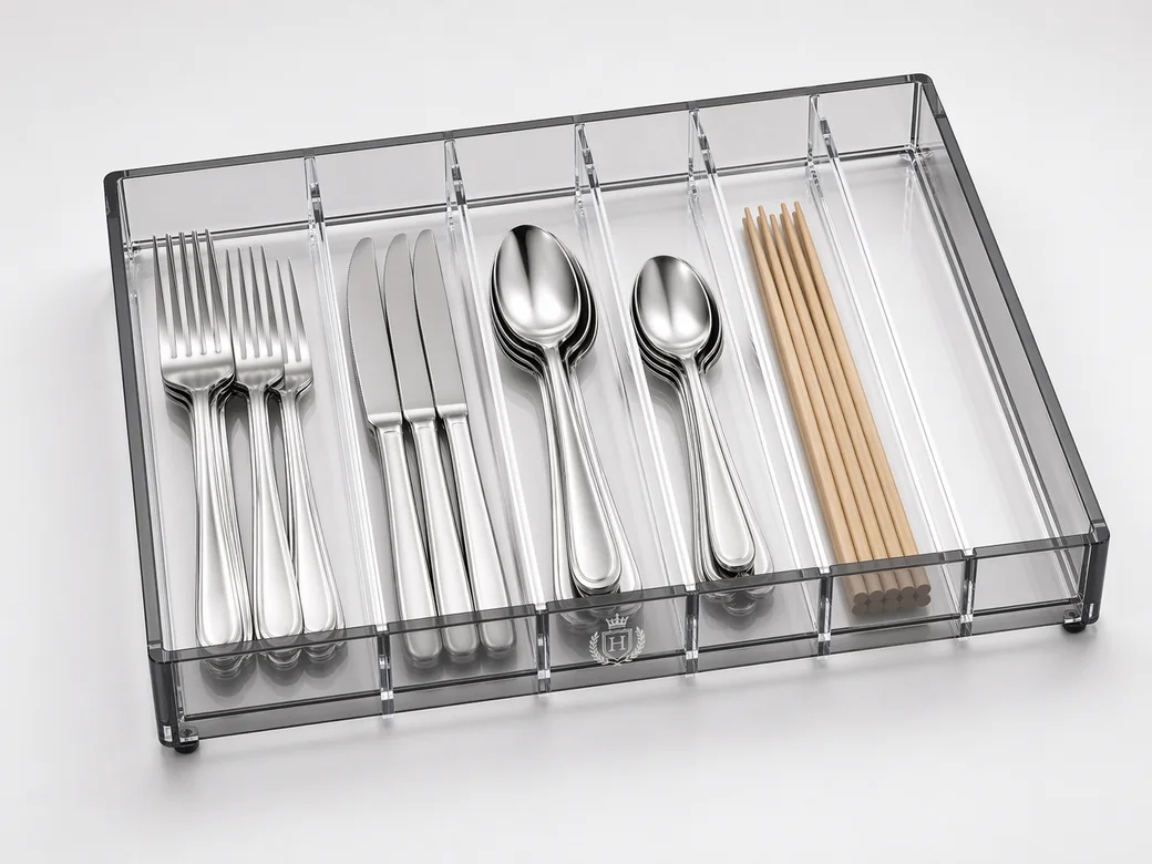 Acrylic utensil drawer organizer with stainless steel cutlery and chopstick compartments