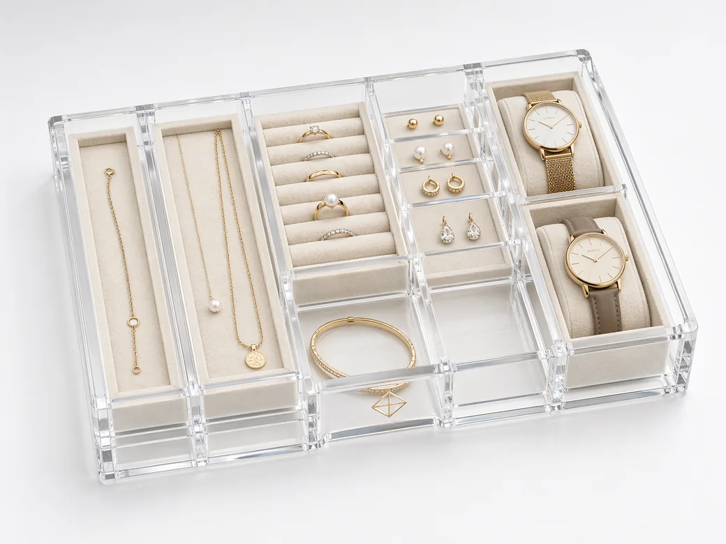 Acrylic jewelry drawer inserts with velvet-lined compartments for rings and earrings