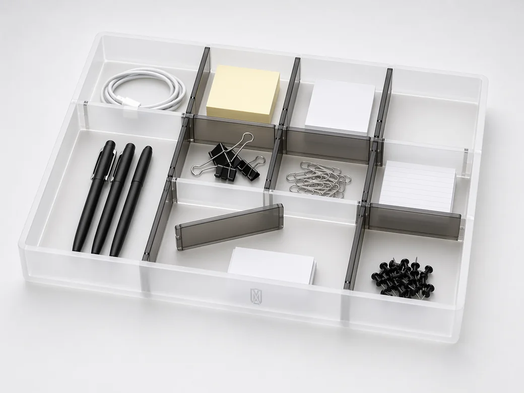 Acrylic office desk drawer organizer with pen slots and card holders