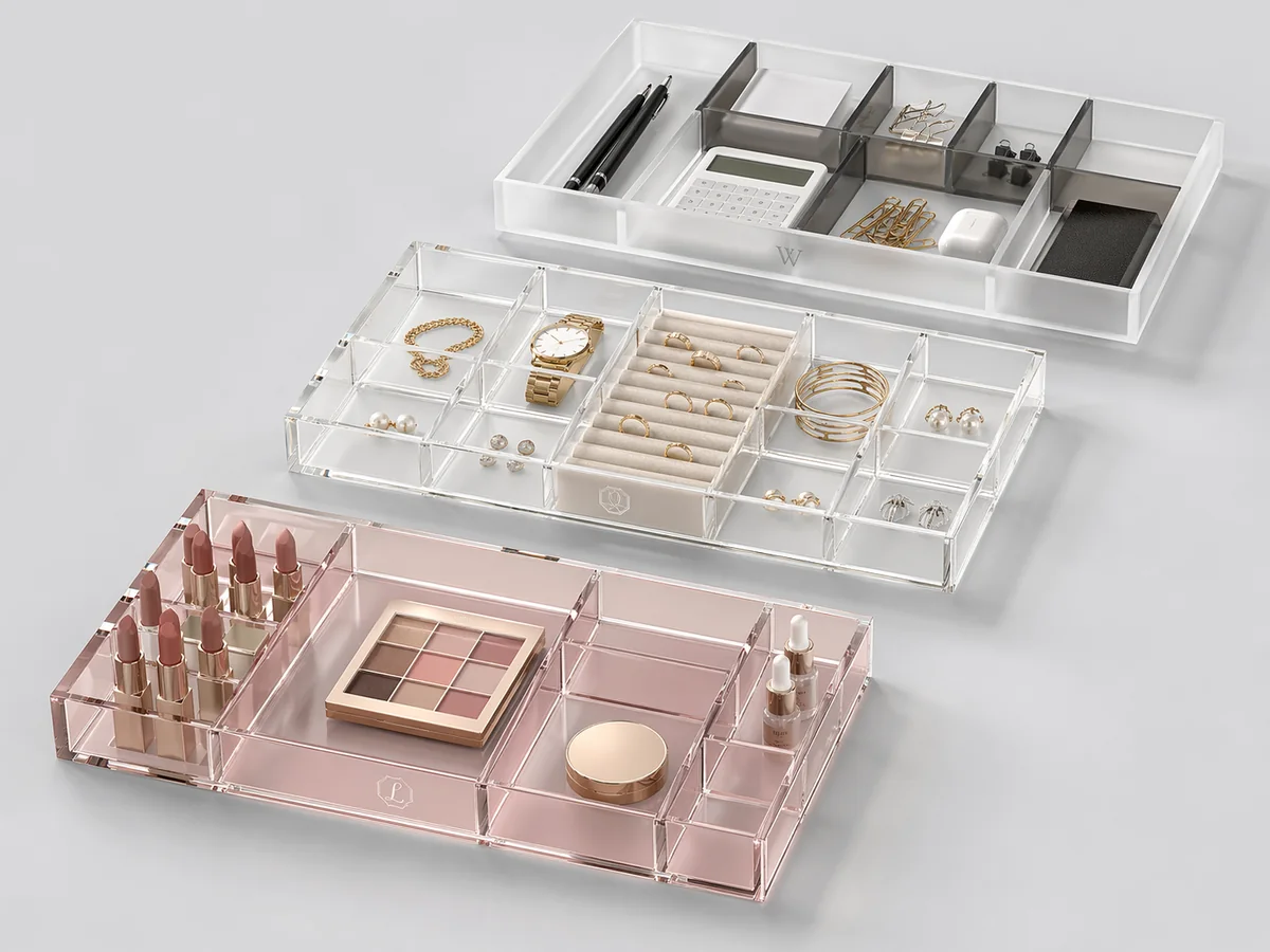 Collection of custom acrylic drawer organizer inserts in blush, clear, and frosted finishes