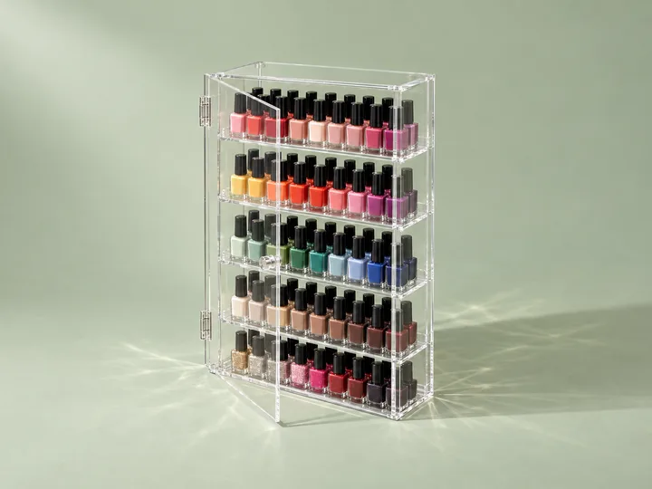 Clear acrylic nail polish cabinet with a hinged door open over five shelves of bottles