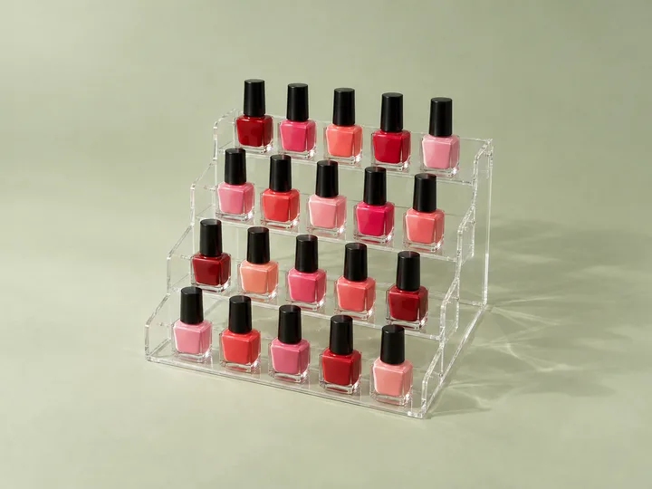 Four-tier clear acrylic countertop nail polish stand holding rows of polish bottles