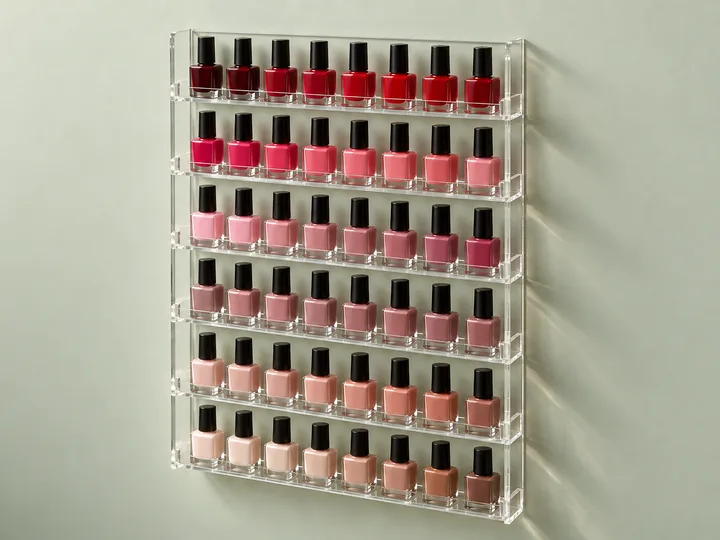Wall-mounted clear acrylic nail polish rack with six tiers of bottles sorted by color