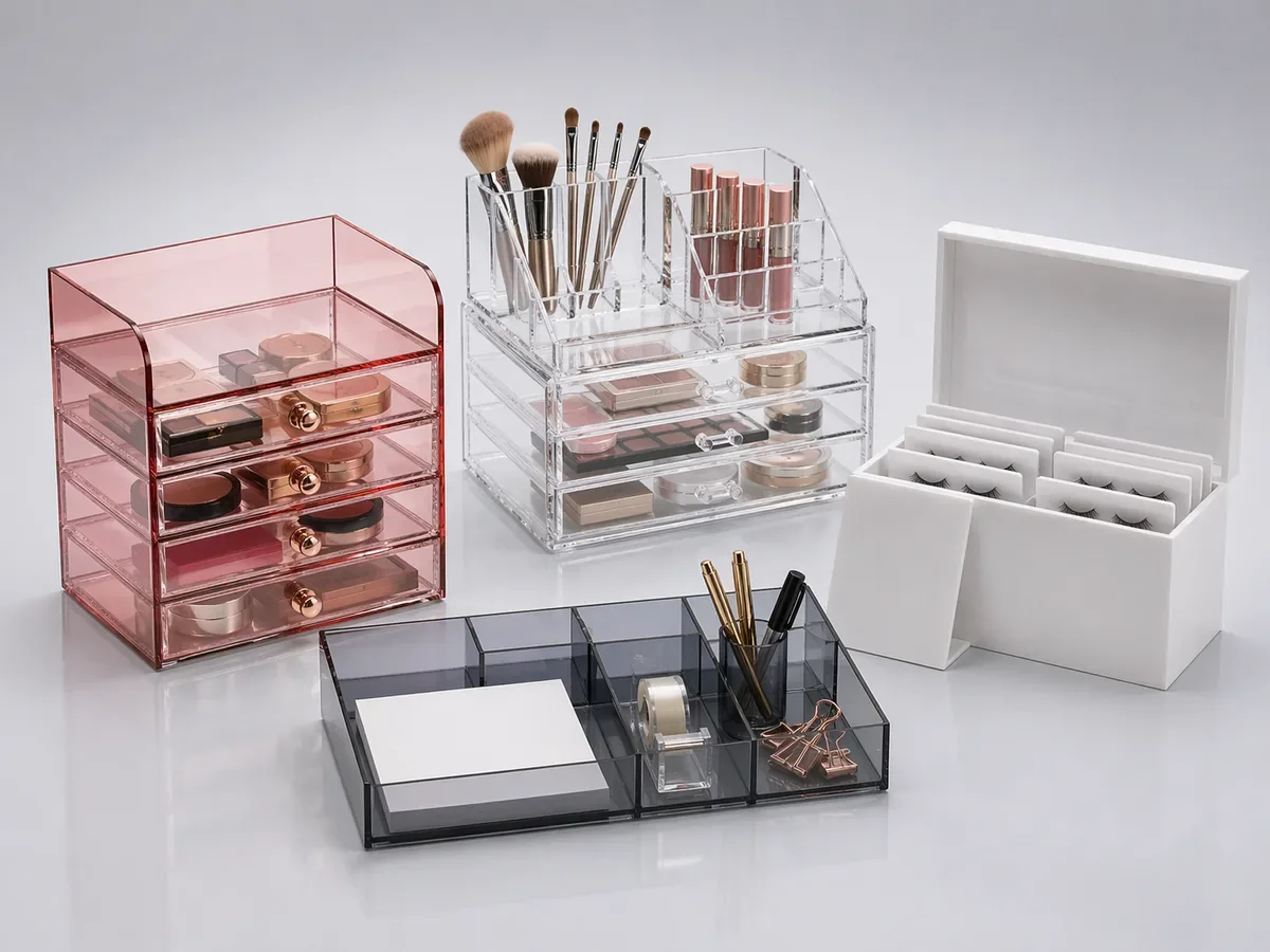 Custom acrylic organizers including drawer inserts, makeup organizers, jewelry trays, and a branded tinted desk organizer