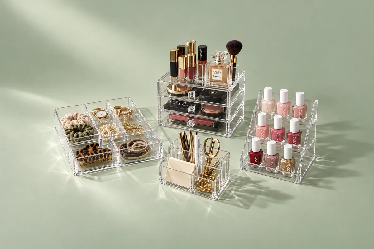 Custom acrylic organizers including drawer inserts, makeup organizers, jewelry trays, and a branded tinted desk organizer