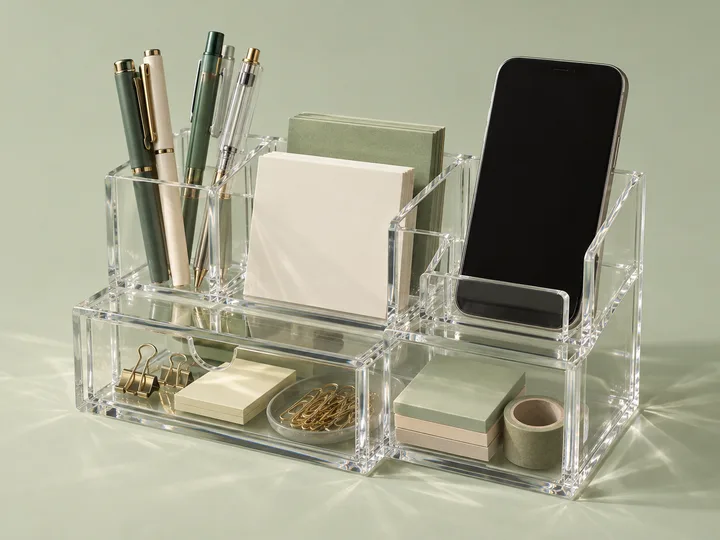 Acrylic desk organizer with pen, card and paper compartments