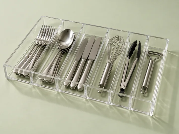 Custom-fit acrylic drawer organizer inserts with dividers