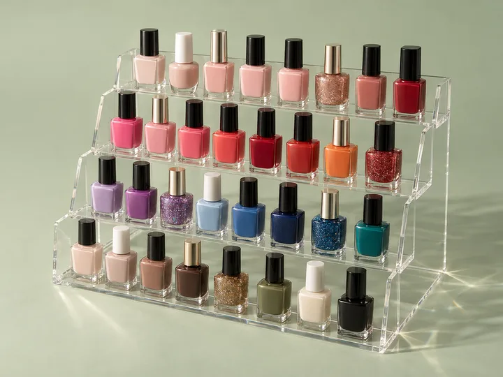 Acrylic nail polish display rack with tiered bottle rows