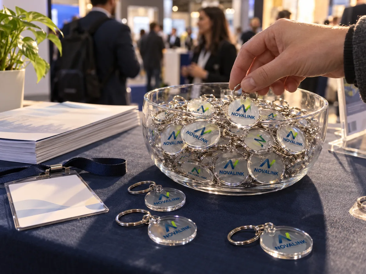 Transparente Acrylschale, gefüllt mit runden NOVALINK-Logo-Schlüsselanhängern, auf einem Messetresen, während ein Besucher sich einen nimmt