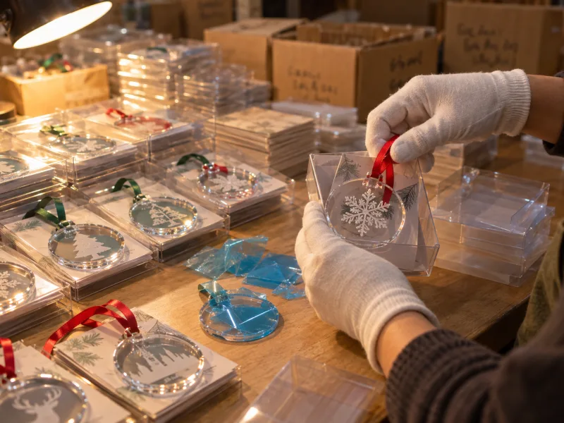 Finished acrylic Christmas ornaments being packed one per clear gift box on a factory packing table