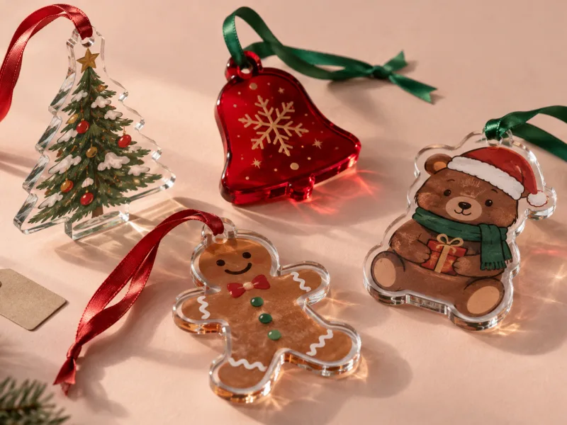 Die-cut acrylic Christmas ornaments in tree, bell, gingerbread and bear outlines with printed artwork